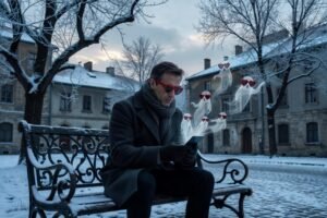 Homem sozinho em banco europeu no inverno usando celular enquanto fantasmas com óculos de coração saem da tela, representando ghosting e desaparecimento digital.