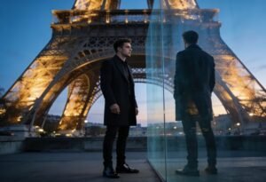 Indisponibilidade emocional em casal homoafetivo diante da Torre Eiffel com distância afetiva.