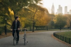 Luto amoroso simbolizado por bicicleta vazia durante passeio em parque.