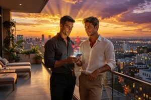 Casal homoafetivo em rooftop europeu representando quando o match vira dependência de validação.