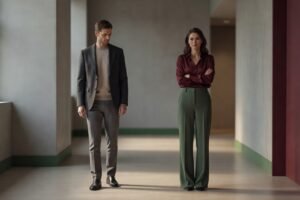 Casal distante em corredor representando medo da traição e dificuldade de confiar no relacionamento.