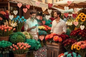 Casal homoafetivo em mercado de flores europeu representando mercantilização dos afetos e vínculos digitais.
