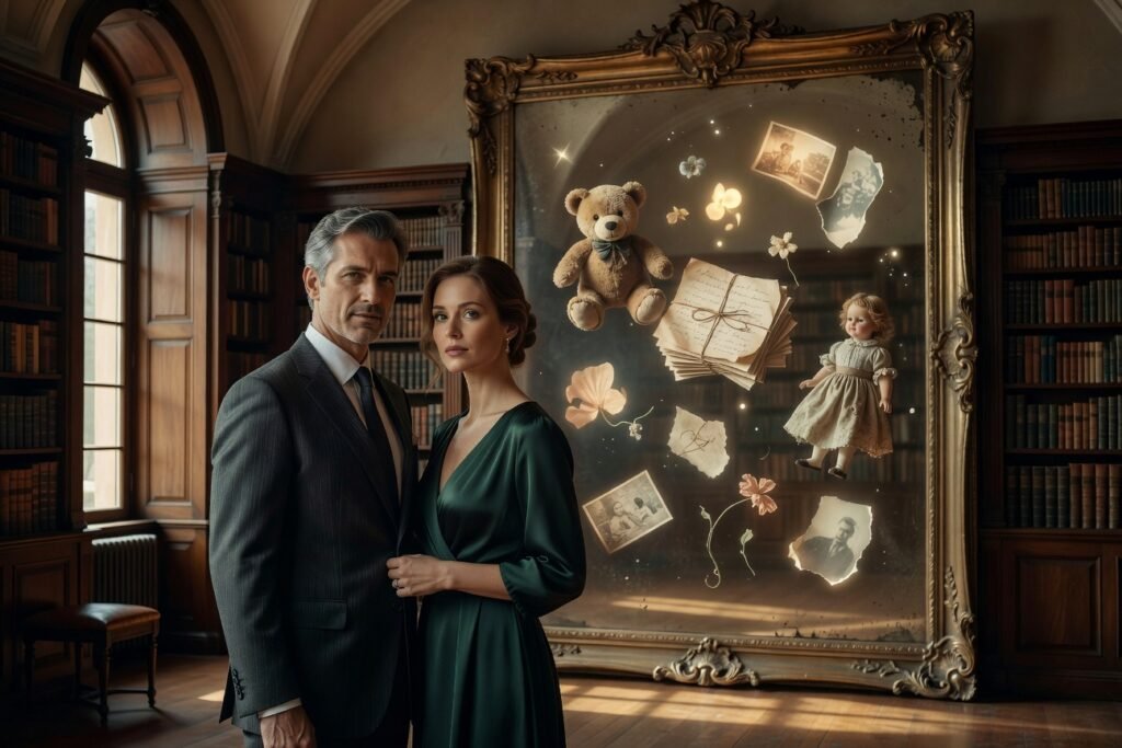 O que buscamos no outro sem saber simbolizado por casal em biblioteca com espelho refletindo memórias emocionais.