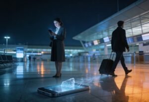 Casal em aeroporto europeu representando por que a insegurança corrói relações amorosas.