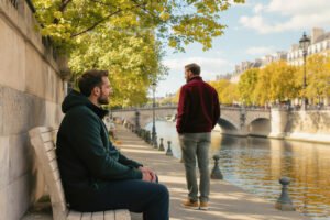 Casal homoafetivo em Paris representando por que você escolhe pessoas indisponíveis nos relacionamentos.