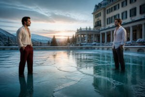 Casal homoafetivo em piscina congelada representando quando o relacionamento esfria.