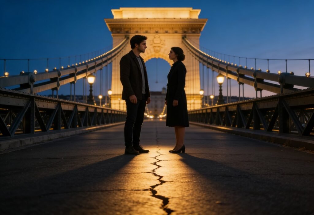 Repete uma ferida em relacionamento simbolizado por casal em ponte com cicatriz luminosa no chão.