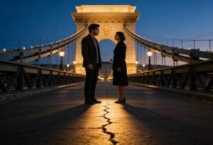 Repete uma ferida em relacionamento simbolizado por casal em ponte com cicatriz luminosa no chão.