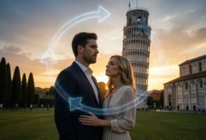 Repetimos padrões amorosos em casal diante da Torre de Pisa com flechas circulares simbolizando repetição.