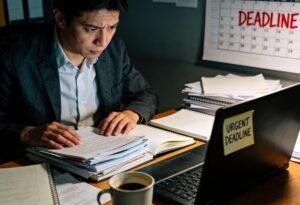 Ansiedade no trabalho: homem sobrecarregado de papéis olhando para computador com aviso de prazo urgente