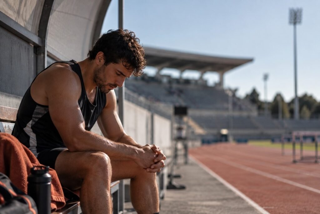 Ansiedade em atletas: atleta sentado com a cabeça baixa e mãos entrelaçadas antes de competir