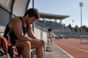 Ansiedade em atletas: atleta sentado com a cabeça baixa e mãos entrelaçadas antes de competir