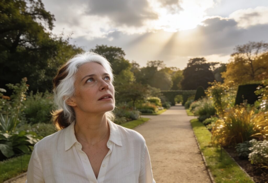 Surpresa: mulher olhando para o céu em um jardim com luz atravessando as nuvens