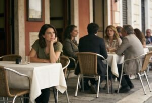 Solidão emocional: mulher sentada sozinha em uma mesa de café ao ar livre, cercada por outras pessoas conversando, representando a solidão emocional