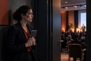 Ansiedade de desempenho: pessoa tensa segurando anotações momentos antes de uma apresentação