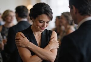 Mulher sorrindo timidamente com os braços cruzados em um evento social, cercada de pessoas ao fundo