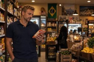 Brasileiros em Gort: homem pensativo em mercado com produtos brasileiros