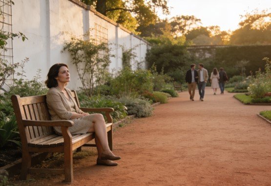 mulher sentada sozinha em um banco de jardim observando pessoas ao longe, representando a sensação de carência afetiva mesmo perto dos outros