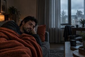Depressão sazonal em brasileiros na Irlanda: pessoa deitada no sofá com expressão de tristeza