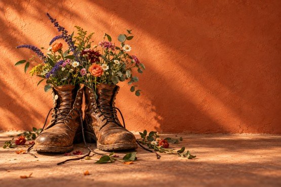 homem não sabe receber cuidado: botas resistentes carregando um buquê de flores delicadas