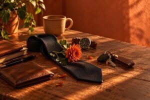 masculinidade contemporânea: flor apoiada sobre gravata escura em mesa de madeira