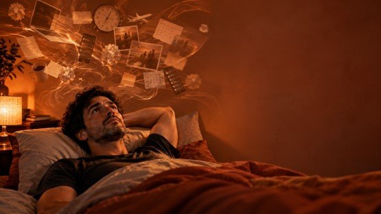 Homem deitado na cama à noite, com imagens fragmentadas de pensamentos flutuando acima da cabeça