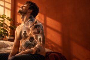 Dupla exposição de um homem com cenas fragmentadas de sofrimento sobrepostas ao próprio corpo, ilustrando a ideia de que o corpo guarda o trauma