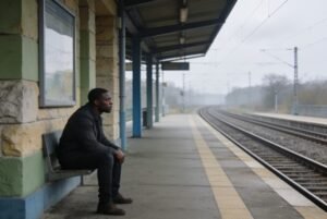 O que é desesperança: homem sentado sozinho em uma plataforma de trem, olhando para os trilhos ao longe