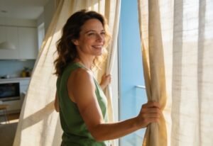 O que é esperança: mulher sorrindo ao abrir a cortina e deixar a luz entrar