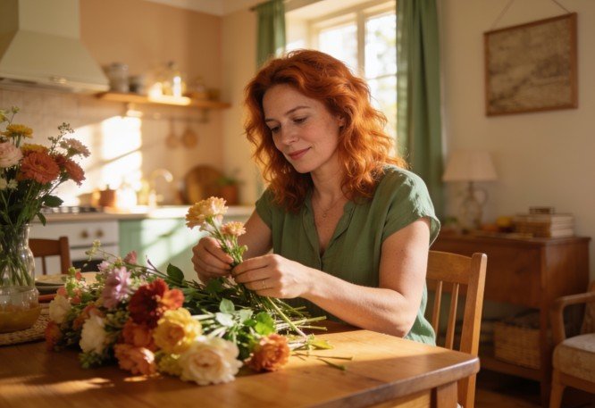 O que é gratidão: mulher arrumando flores em uma cozinha iluminada, expressão tranquila