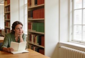 como identificar o que estou sentindo: mulher pensativa segurando um caderno aberto em uma biblioteca