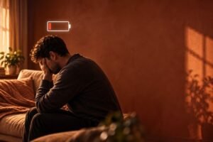 Homem sentado no sofá com a cabeça apoiada nas mãos, com um ícone de bateria quase vazia acima dele, representando a saúde mental masculina esgotada