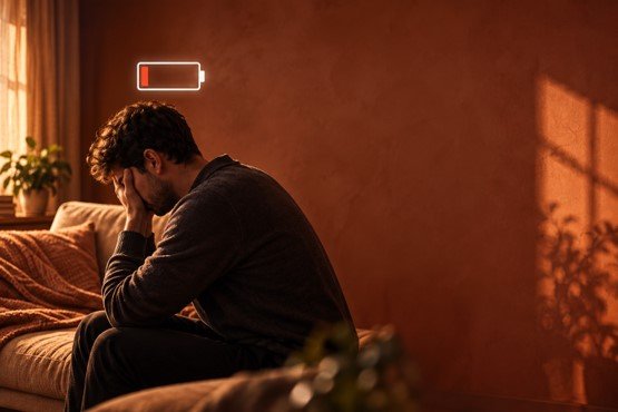 Homem sentado no sofá com a cabeça apoiada nas mãos, com um ícone de bateria quase vazia acima dele, representando a saúde mental masculina esgotada