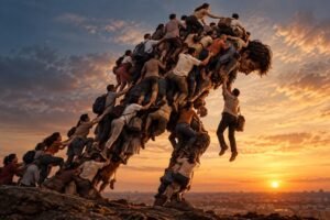 Figura humana gigante ajoelhada servindo de apoio para uma multidão de pessoas escalarem até o topo