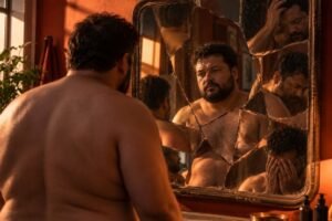 Adulto diante de espelho rachado com reflexo fragmentado em múltiplas partes, ilustrando a autoimagem negativa e a dissociação no trauma complexo (CPTSD)