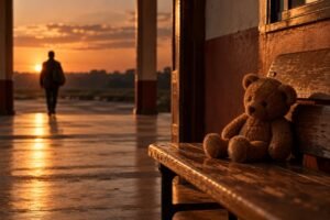 Urso de pelúcia sentado sozinho em um banco de madeira, com a silhueta de um homem se afastando ao fundo, simbolizando o trauma de abandono