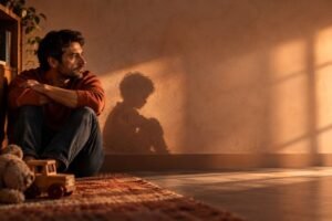 homem adulto sentado ao lado de brinquedos de infância, ilustrando as marcas do trauma infantil que seguem na vida adulta