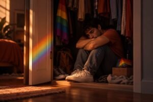 Jovem sentado dentro do armário com a luz entrando pela porta entreaberta, representando o peso emocional de sair do armário no contexto do trauma LGBTQIA+