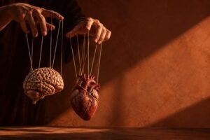 mãos manipulando cérebro e coração como marionetes por fios, representando a influência do trauma psicológico sobre pensamentos e emoções