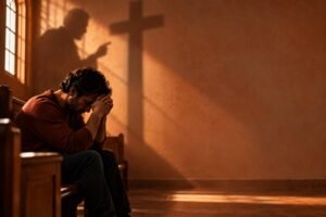homem sentado em banco de igreja com a cabeça baixa, sombra de figura de autoridade apontando o dedo projetada na parede ao lado de uma cruz, representando trauma religioso