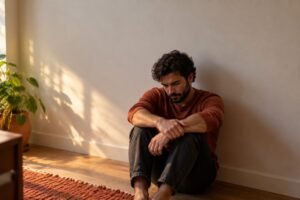 O que é vergonha: homem em postura de retraimento emocional