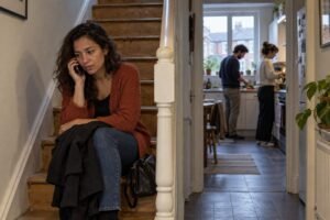 Dividir casa na Irlanda: mulher sentada na escada falando baixo ao telefone enquanto outros moradores cozinham ao fundo