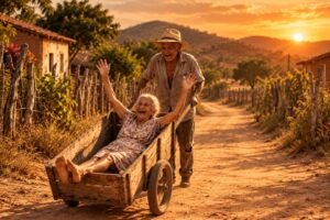 Envelhecer sem filhos: homem idoso de chapéu de palha empurra, rindo, um carrinho de madeira com uma mulher idosa de braços erguidos, em estrada de terra ao pôr do sol.