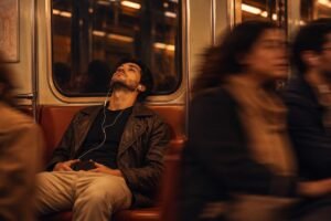 homem no metrô com fones de ouvido, olhar distante, pessoas desfocadas ao redor, representando a diferença entre estar sozinho e sentir-se sozinho