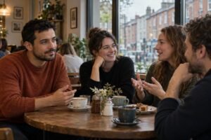 Homem sorrindo discretamente numa mesa de café com outras três pessoas, cena que ilustra fazer amigos na Irlanda depois dos 30 e a dificuldade de criar intimidade
