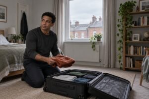 Homem ajoelhado diante de uma mala parcialmente arrumada, gesto interrompido que ilustra o dilema entre ficar na Irlanda ou voltar ao Brasil