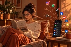 Mulher tenta ler um livro no sofá enquanto braços que saem de um celular, ligado a ícones de aplicativos com notificações, puxam seu ombro e seu cabelo.