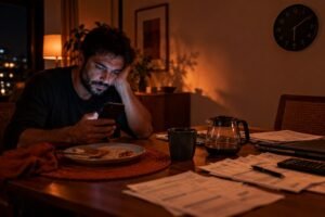Sinais de que as apostas saíram do controle: homem olhando o celular tarde da noite, cercado de contas e calculadora, com o prato de comida intocado