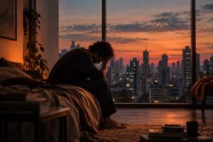 Homem sentado na cama ao entardecer, cabeça apoiada na mão, silhueta contra janela com vista da cidade, retratando o peso emocional da solidão e depressão