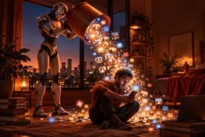 Solidão e inteligência artificial: robô despeja ícones de curtidas, mensagens e fotos sobre um homem sentado no chão olhando o celular.